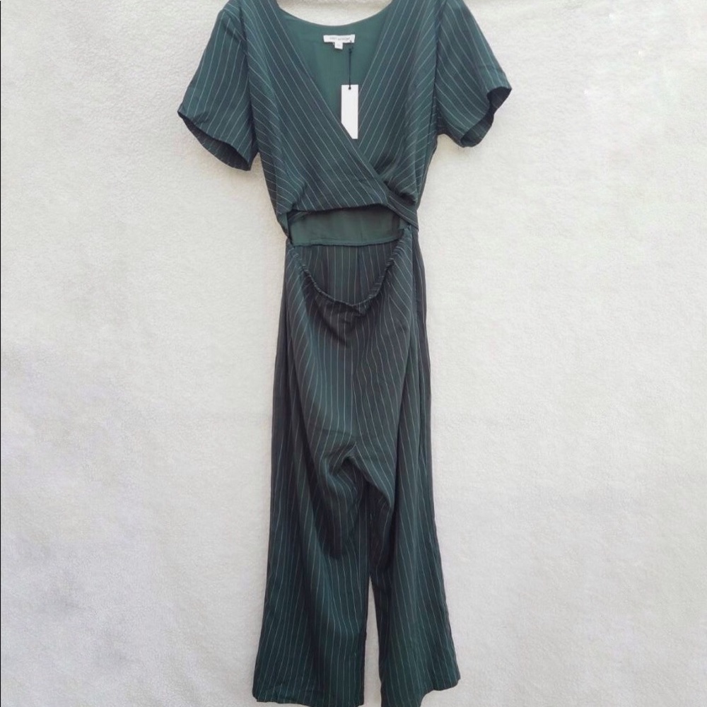 First Monday Striped Pine Green Wrap Front Cut Out Waist Jumpsuit Women's Sz L